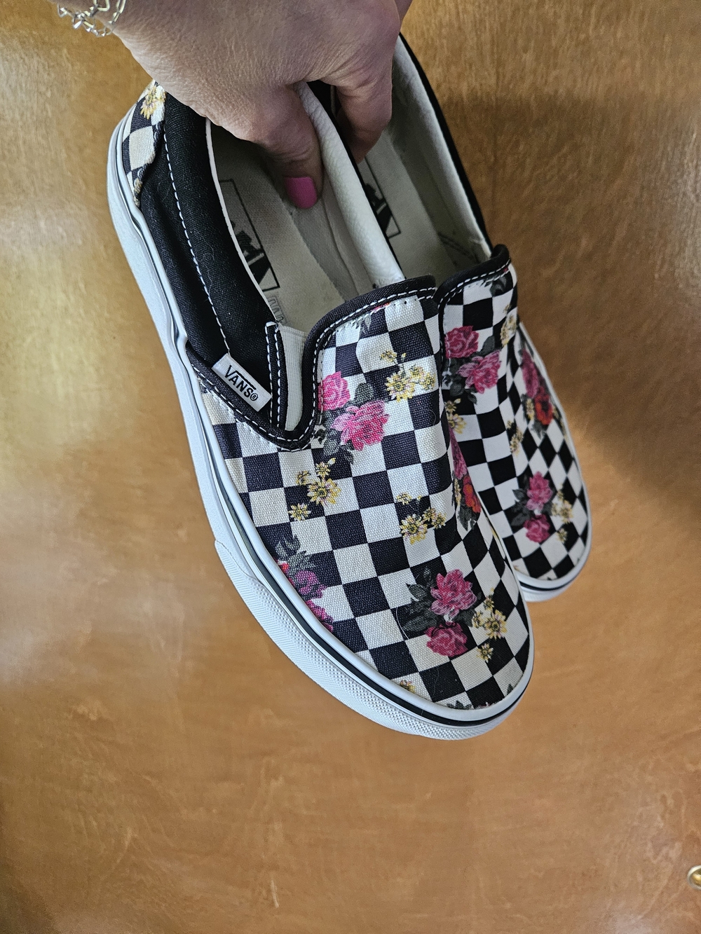 Vans Slip-On Checkerboard Floral Sneakers in Black, White, Pink